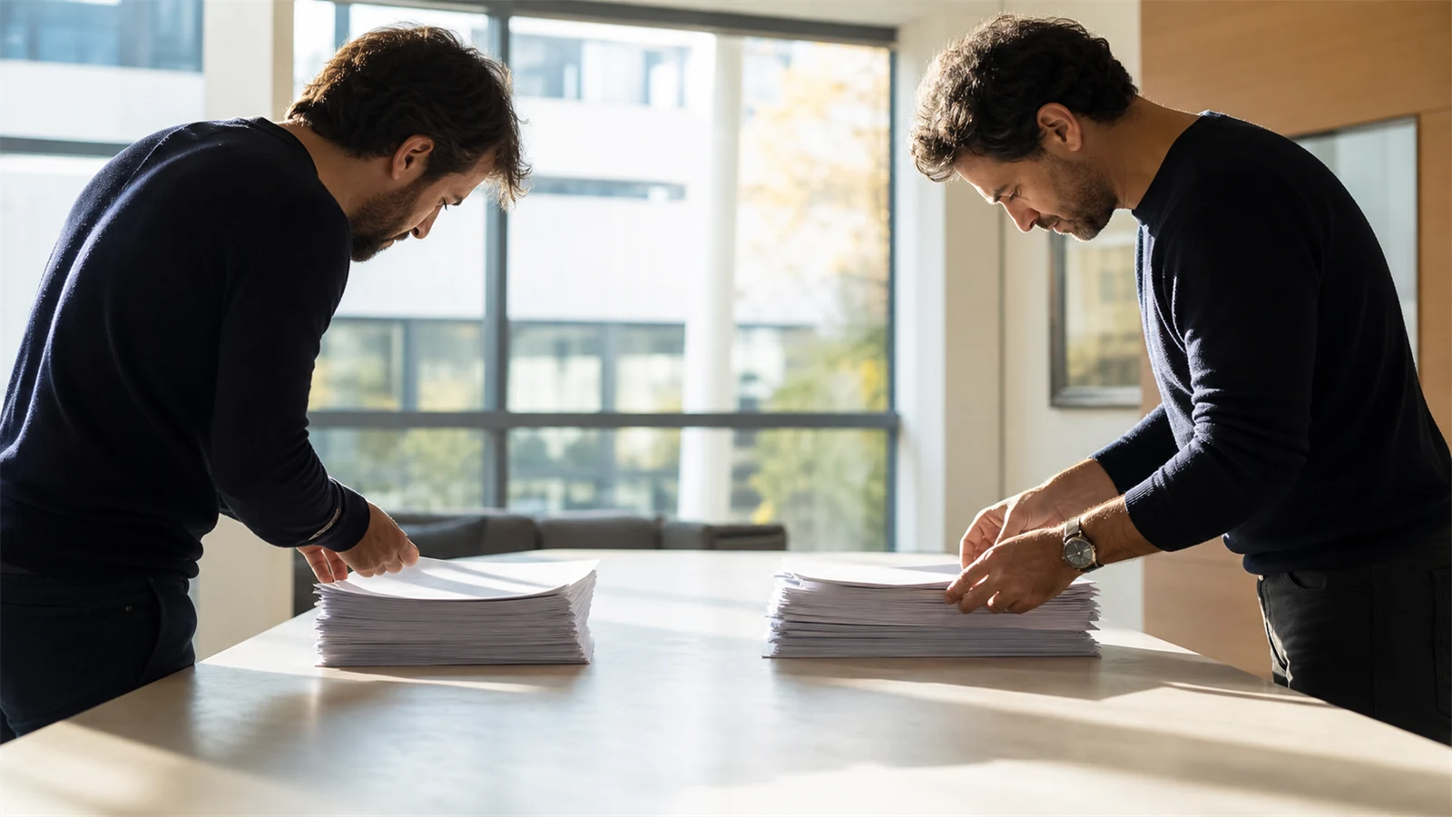 Due colleghi in una sala riunioni luminosa dividono una lunga lista di clienti stampata in due pile uguali e le confrontano