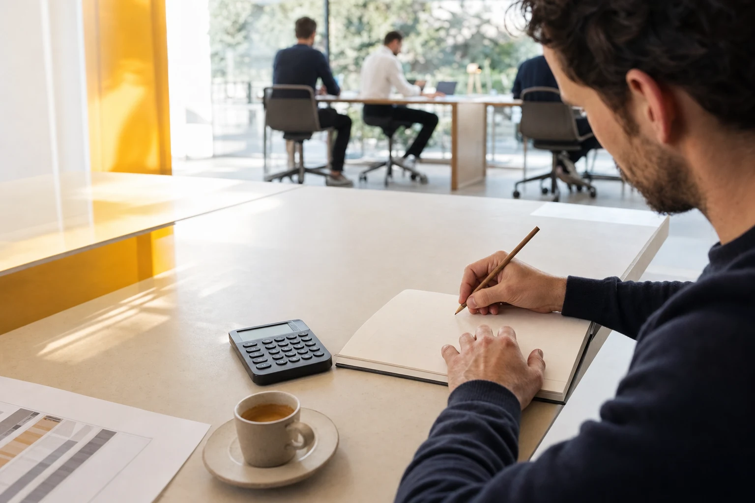 Le mani di un professionista scrivono un calcolo a matita su un taccuino accanto a una calcolatrice e a una programmazione stampata
