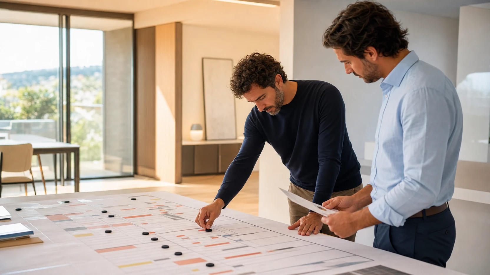 Due colleghi in una sala di pianificazione luminosa spostano un segnaposto su una griglia di programmazione stampata
