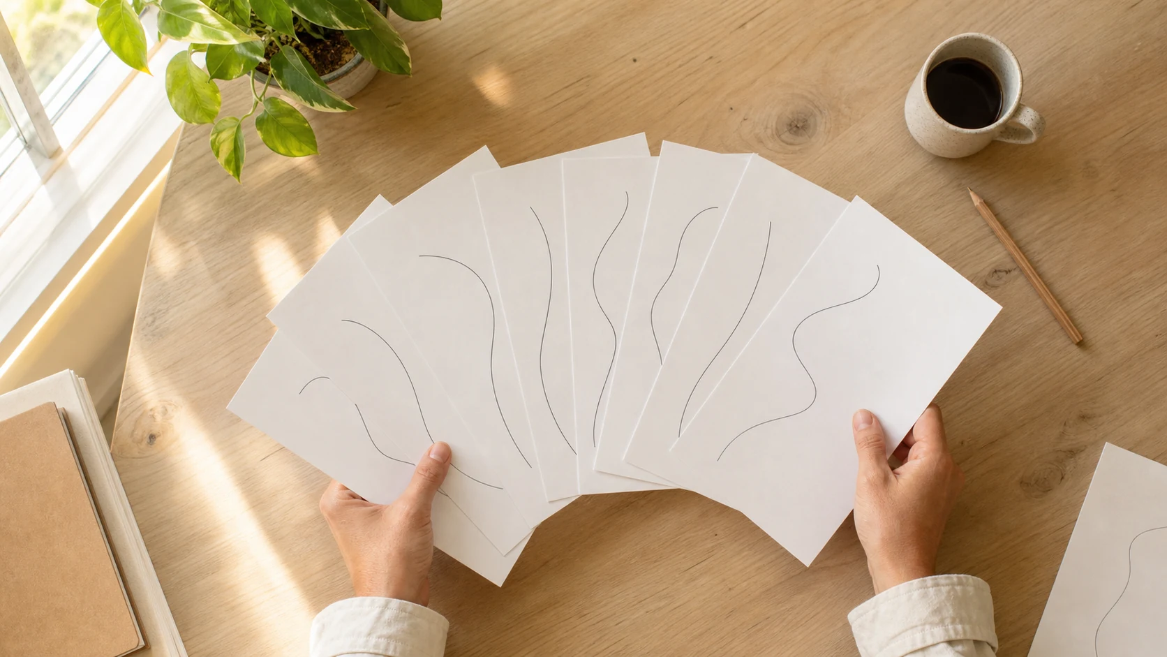 Mani che aprono a ventaglio più fogli stampati su una scrivania luminosa, ognuno con una curva leggermente diversa