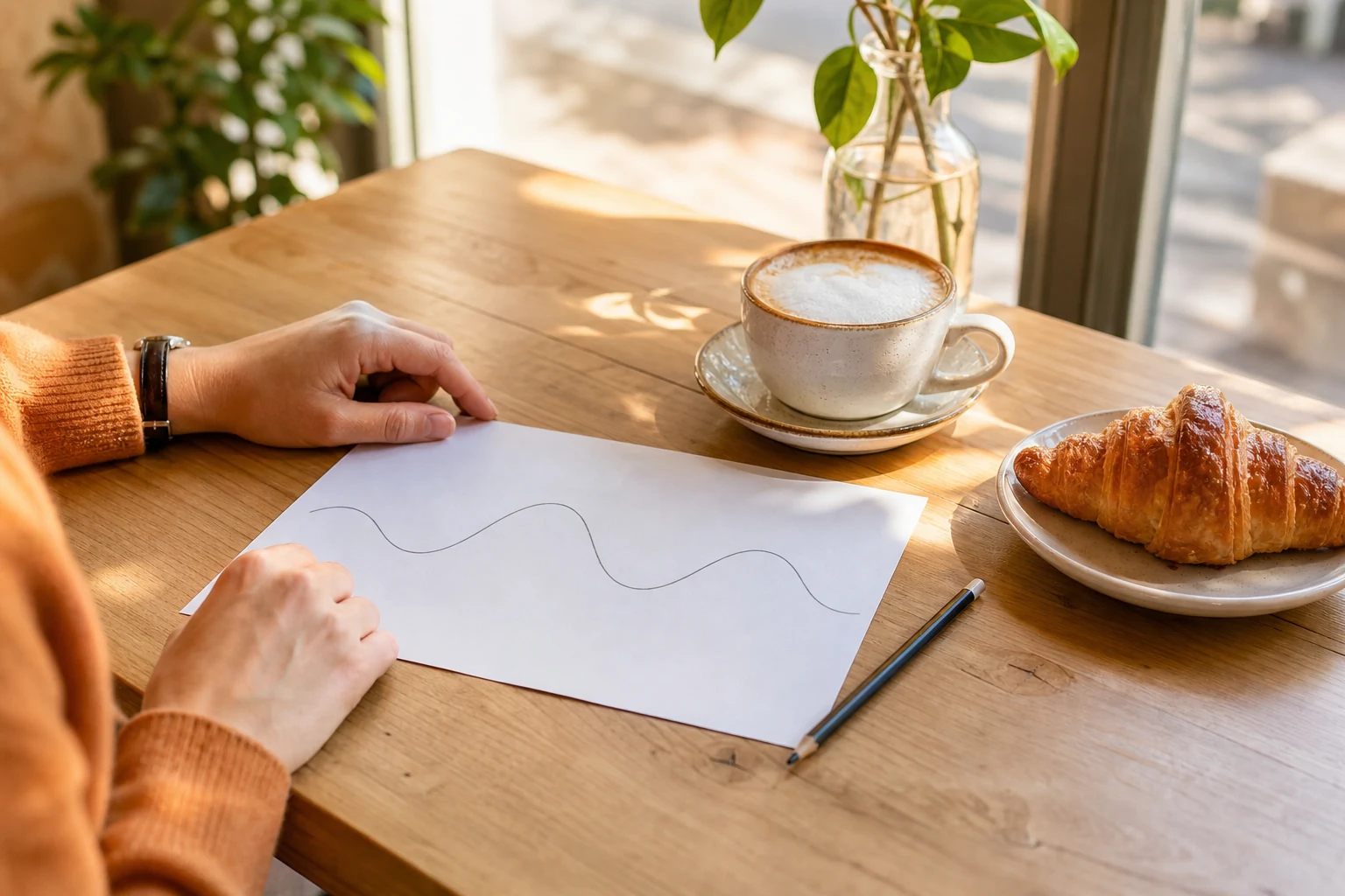 Tavolino di un bar illuminato dal sole con un grafico stampato, un cappuccino e le mani di chi lo studia