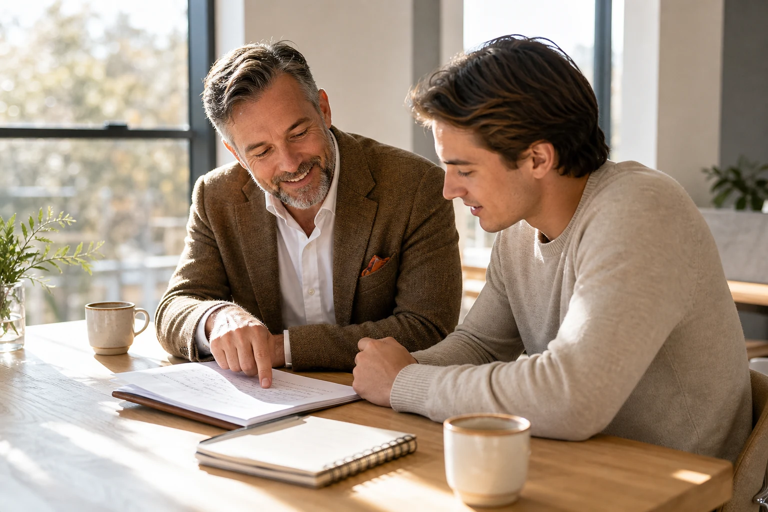 Un sales coach e un venditore più giovane rivedono insieme gli appunti di una call a un tavolo luminoso