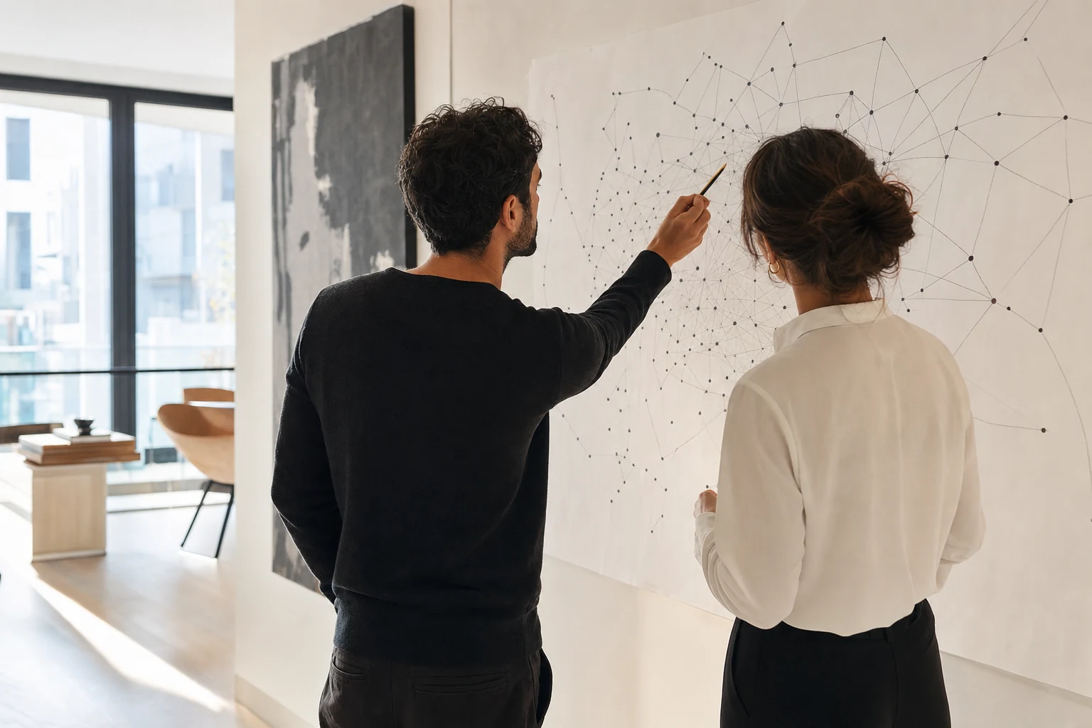 Due colleghi in un ufficio luminoso studiano un grande diagramma di rete stampato appeso alla parete, uno ne traccia un percorso con la matita