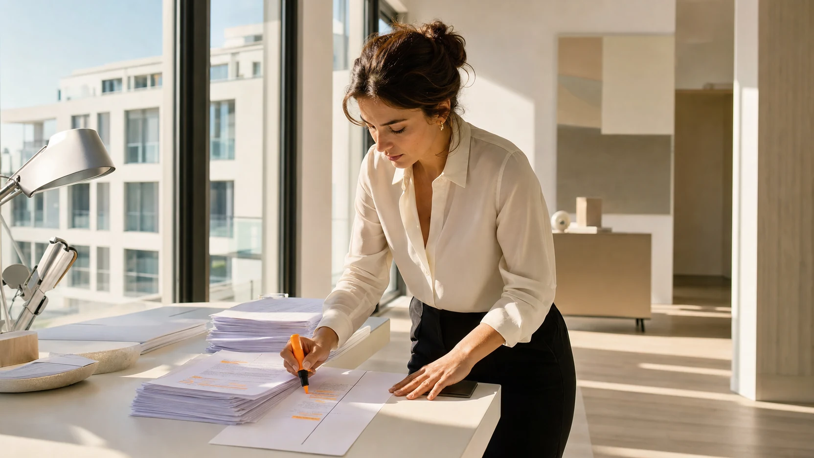 Una professionista in un ufficio luminoso evidenzia alcuni passaggi su una pila di mail stampate e li riporta in una colonna su un foglio pulito