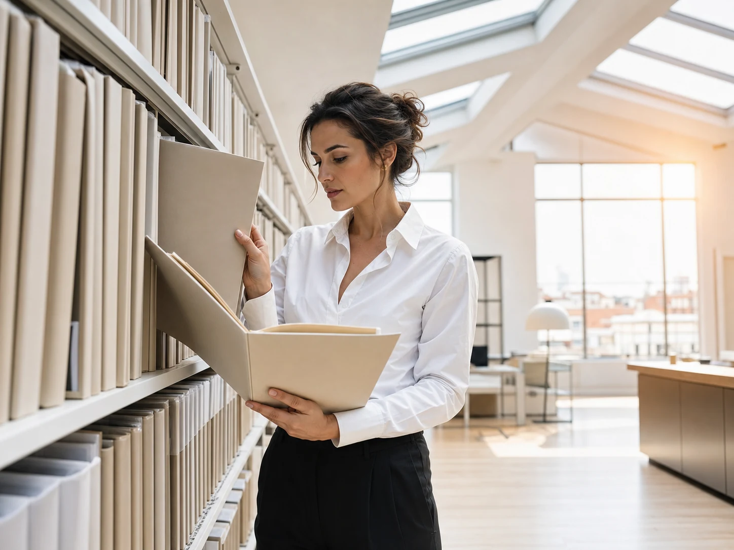 Una professionista in un archivio moderno e luminoso estrae una cartella precisa da uno scaffale e la apre, sicura di avere quella giusta